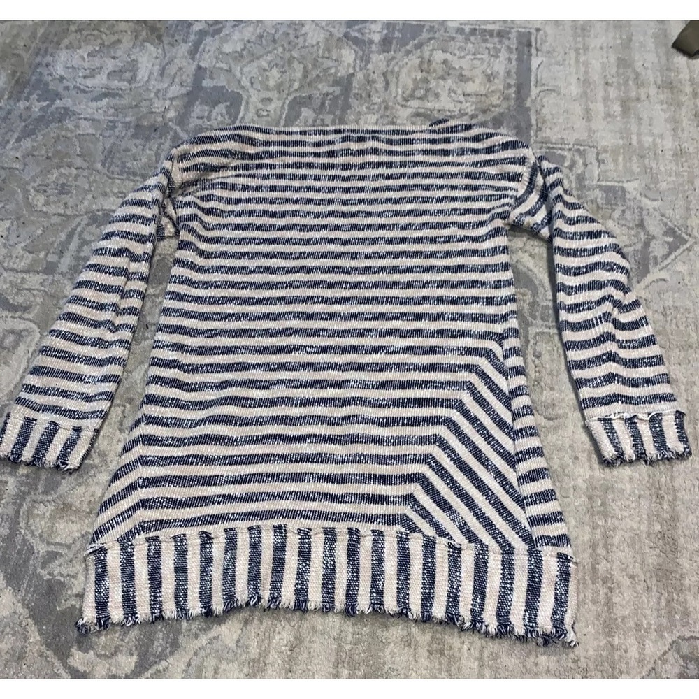 Soft Surroundings Women's Sz Small‎ Blue Cream Marina Nautical Sweater Fray Hem